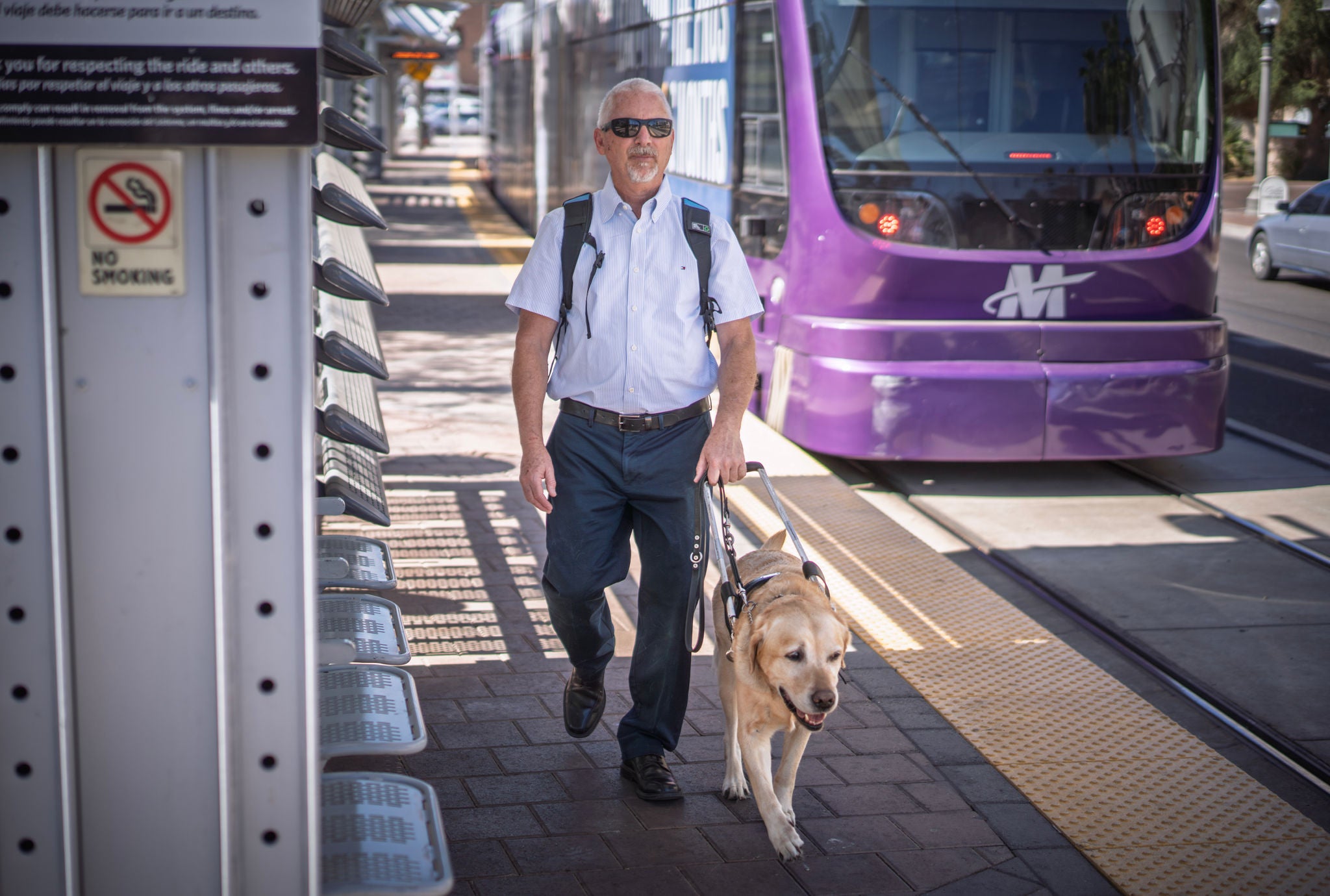 Guide dog leads a man near the light rail